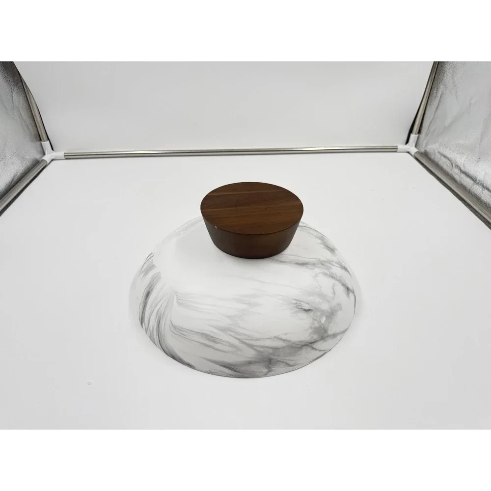 White Marble Texture Decorative Bowl with Acacia Wood Base – 11